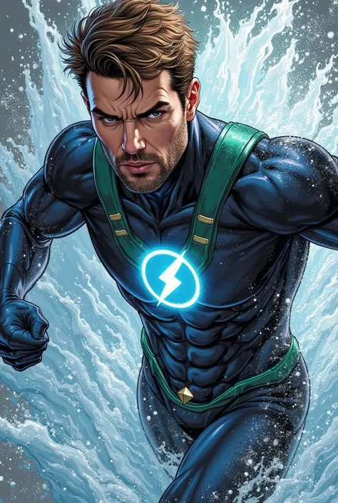 brown haired male superhero in his late thirties with a light beard wearing his costume. He controls water creating weaponry with these, moves at high speed and controls chaos. The symbol of his suit is a twister. His hair is short.