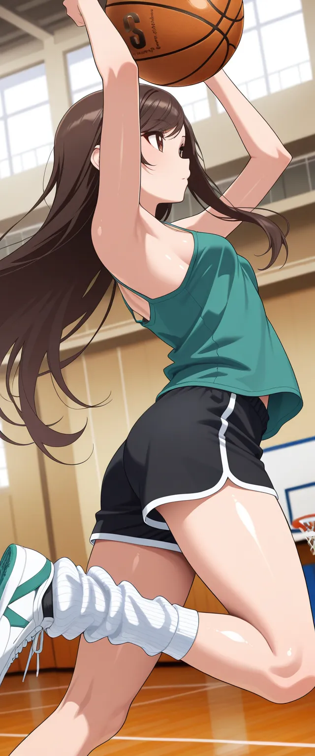 Masterpiece, best quality, amazing quality, 1girl, solo, thin, back view, from side, jump, arms up, shooting basketball, brown eyes, very long brown hair, hair with teal highlights, long swept bangs, thin, close up, small breasts, slightly toned arms, loos...