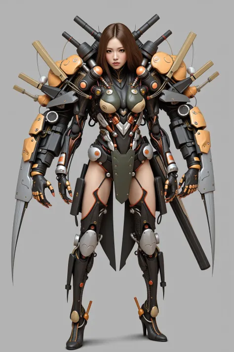 Masterpiece, top quality, 8k, Japanese woman in heavily armed super grotesque cockroach-like bio suit, A machine is implanted in the living body, inverted jointed leg, clear color and vivid textures, ultimate realistic beautiful female face, bio-mechanical...