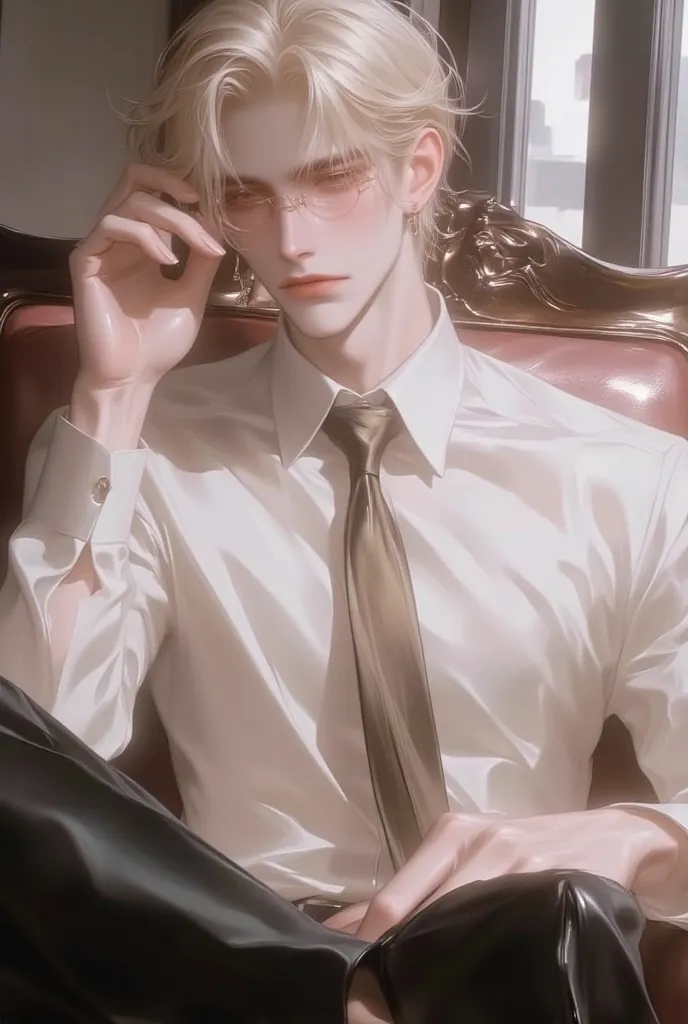 , pink, chocolate tone, , , young man, ,  Molding , body,   Light golden yellow eyes,  blonde hair , Eyes holding a,   glasses.,   side to side  , Yellow-white skin   , , pink,   purple , wearing a cream shirt, Tie a tie  ,  Black Pants ,    sitting on the...