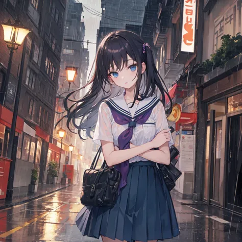 ((best quality)), ((masterpiece)), (detailed), school girl, streetlights, raining 