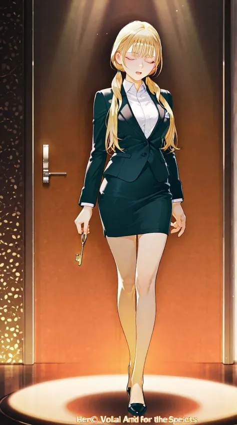 busty Lady in suit, medium blond hair, parted bangs, slicked-back, low twin-tails, closed eyes, open mouth, a whole body