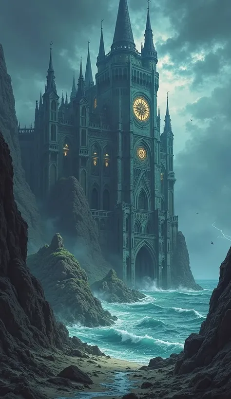 Create a captivating illustration of the "Veilspire Citadel," a stronghold that rises dramatically from the edge of a sheer cliff, overlooking a turbulent sea shrouded in mist. The citadel is constructed from a blend of dark stone and shimmering sea glass,...