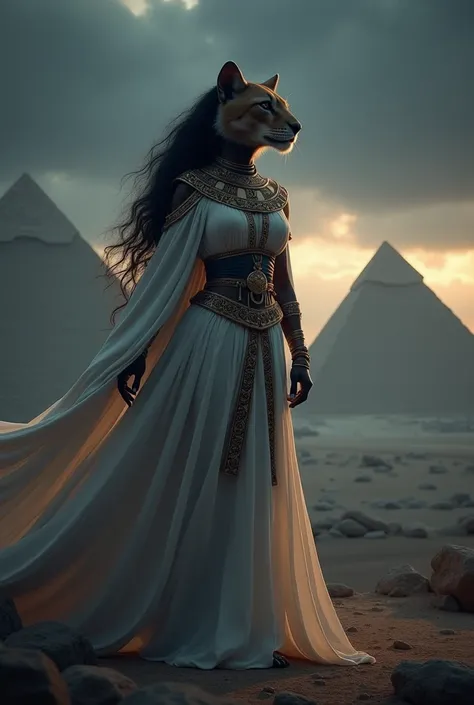 Sekhmet, egypt mythology, 4k, dark ambient, white clothe, realistic, photorealism, pyramids