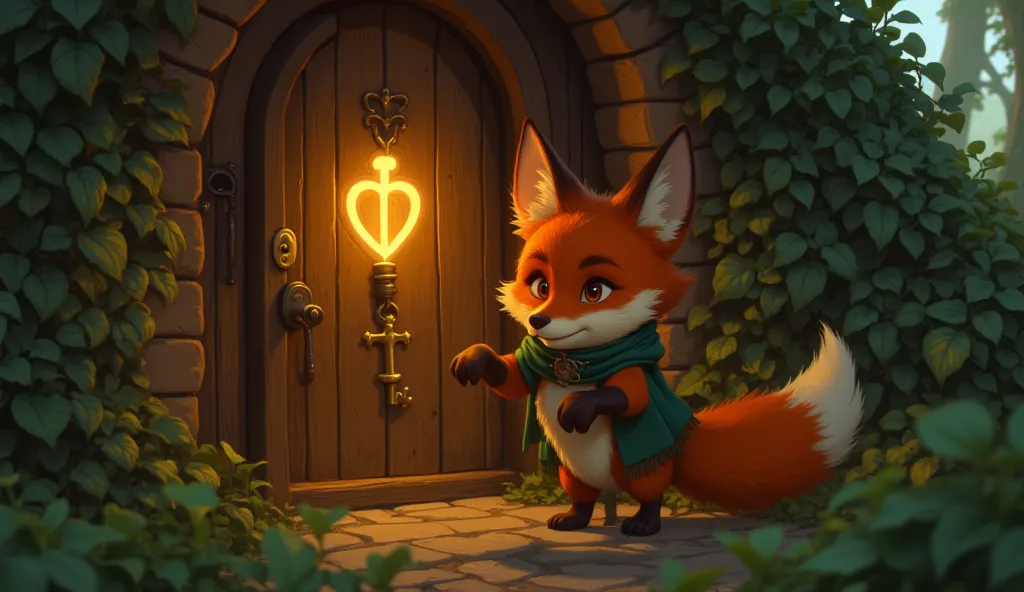 Rafi, the little fox with bright red fur, mischievous sparkling eyes and a green scarf around his neck, in front of an old wooden door hidden behind a thick bush, inserting the golden key into the lock. The door begins to open, revealing a mysterious glow....