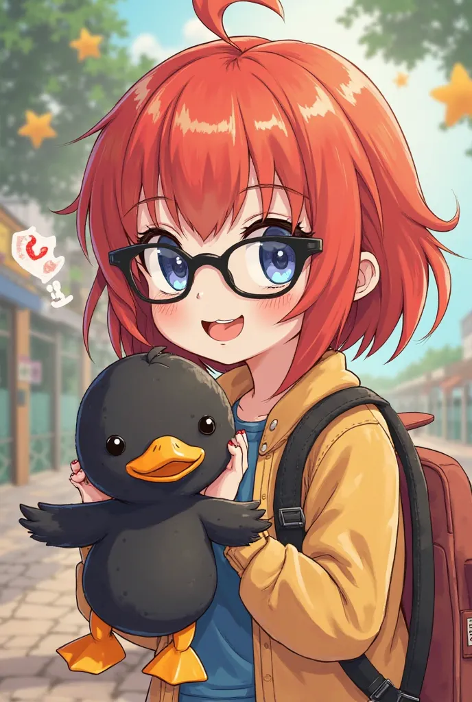 A cute cartoon anime-style character, that has glasses, with red hair and a black duck mascot animated, as a profile cover