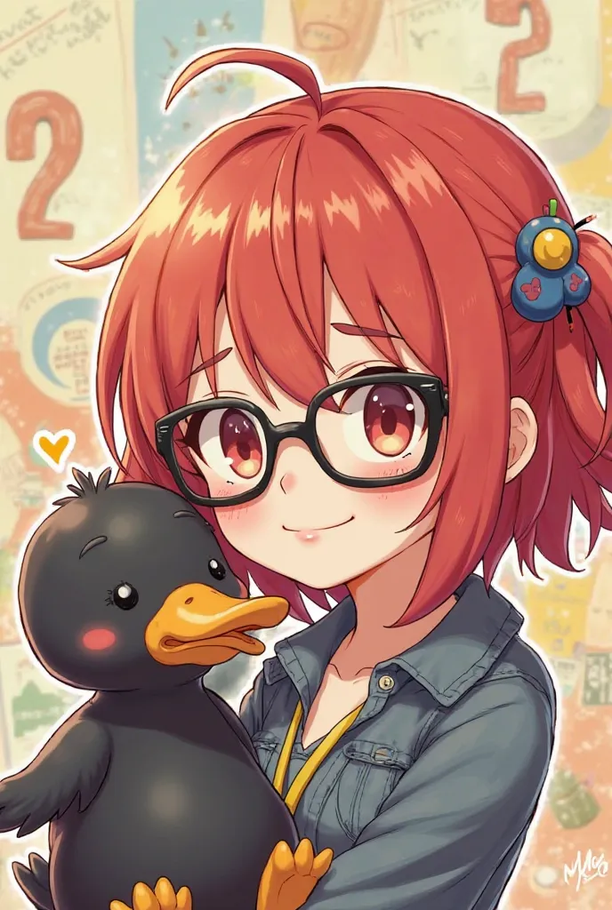 A cute cartoon anime-style character, that has glasses, with red hair and a black duck mascot animated, as a profile cover