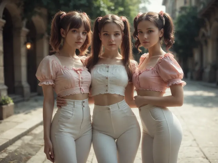 several women, ,( tight white pants ), ((3 young women lolitas))) ,  very thin , little waist , brown hair with two pigtails,  from the front, arched, pink blouse, back view