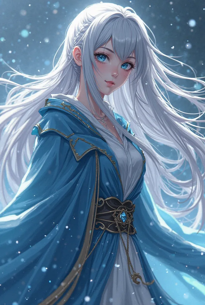 a anime female wizard with long silver hair swaying in the wind。icy blue eyes and a slender figure reflecting her profound magical powers but、It's hidden in agility and strength。wear a wizard costume designed to be lightweight and agile