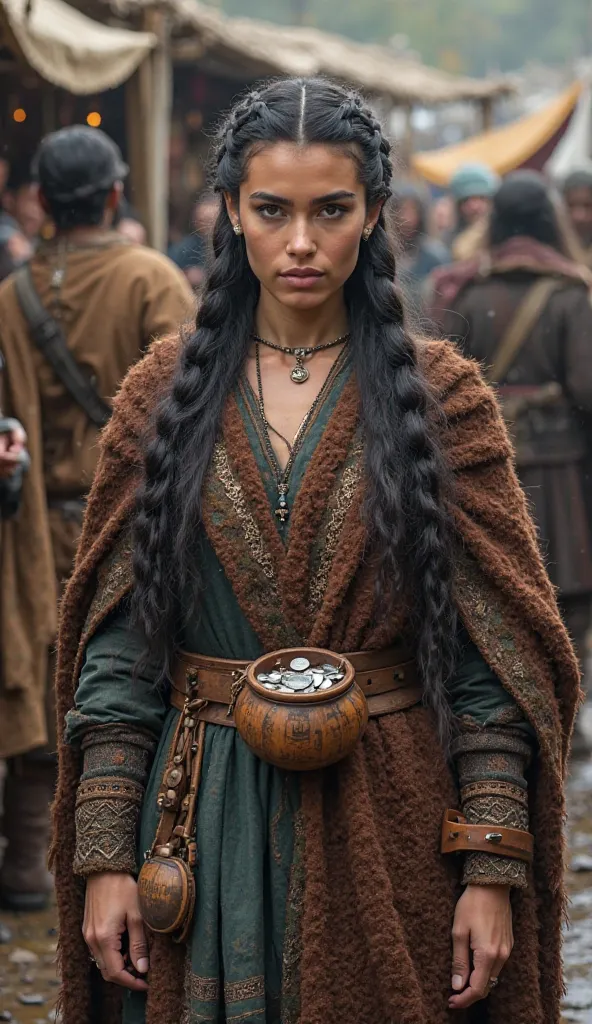 A confident and striking Viking woman with dark braided hair, standing in a bustling market, surrounded by traders and travelers. She wears a finely crafted tunic with embroidered edges, a heavy woolen shawl draped over her shoulders. Her belt carries a sm...