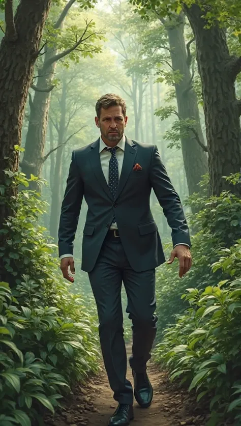 A man in green goes to the forest. And in a suit, he makes a grimace