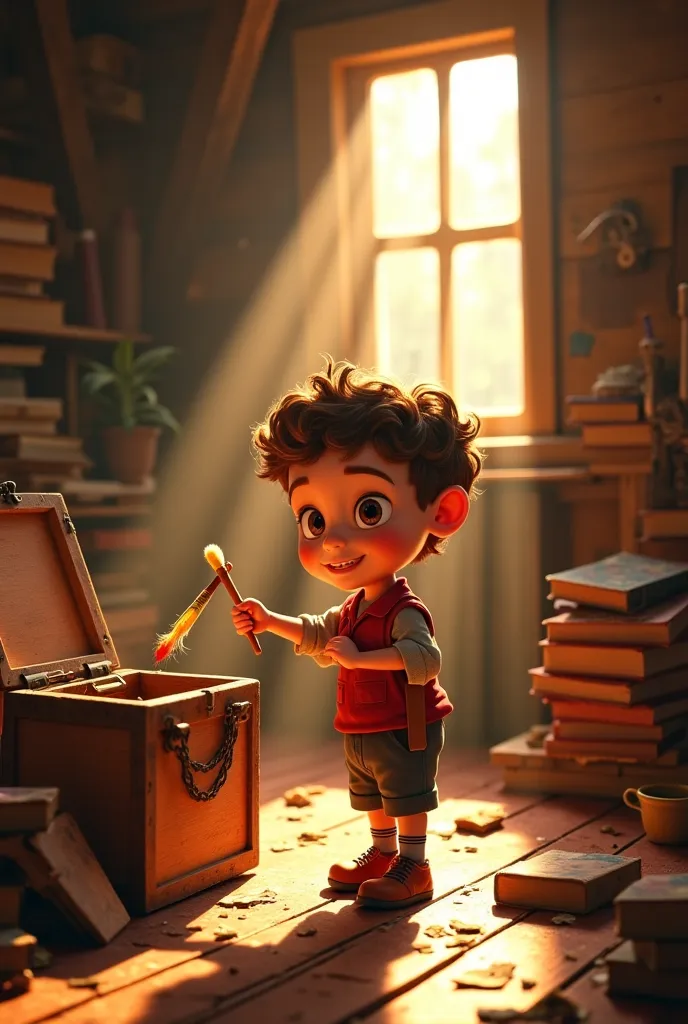 curious young boy named Leo, around , with curly brown hair and bright eyes, is exploring a dusty attic. He opens an old wooden box and finds a magical paintbrush with a golden handle. Warm sunlight streams through a small window, casting a glow on the woo...