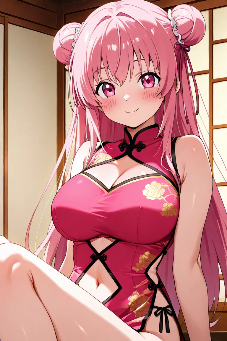 anime screencap, 1girl, solo, looking at viewer, cowboy shot, pink chinese dress, navel cutout, midriff, navel, pink pelvic curtain, pink hair, long hair, double bun, pink eyes, large breasts, smile, blush, knees up, chinese town