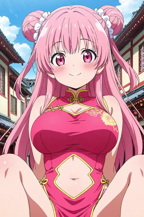 anime screencap, 1girl, solo, looking at viewer, cowboy shot, pink chinese dress, navel cutout, midriff, navel, pink pelvic curtain, pink hair, long hair, double bun, pink eyes, large breasts, smile, blush, knees up, chinese town