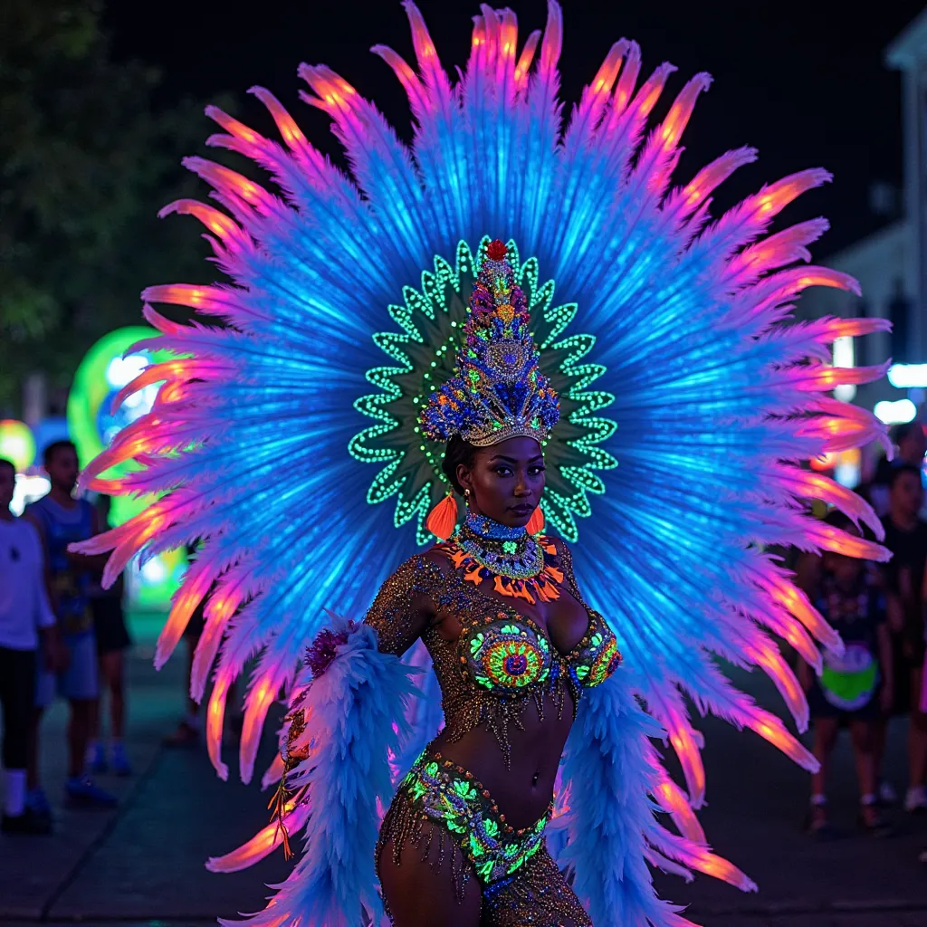 A mesmerizing Barranquilla Carnival dancer performing under blacklight, her costume painted in vibrant UV-reactive colors, glowing in electric blues, pinks, and greens. The feathers radiate bioluminescent energy, and her body paint creates an ethereal neon...