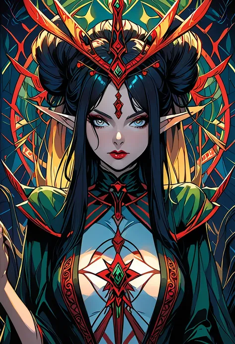 Dana Ham symmetric tarot card concept art (Very provocative)+ elf queen costume, Lovecraft&#39;s Madness Theme, Lee Bursten, Tarot 512, 8k, high detail, complicated