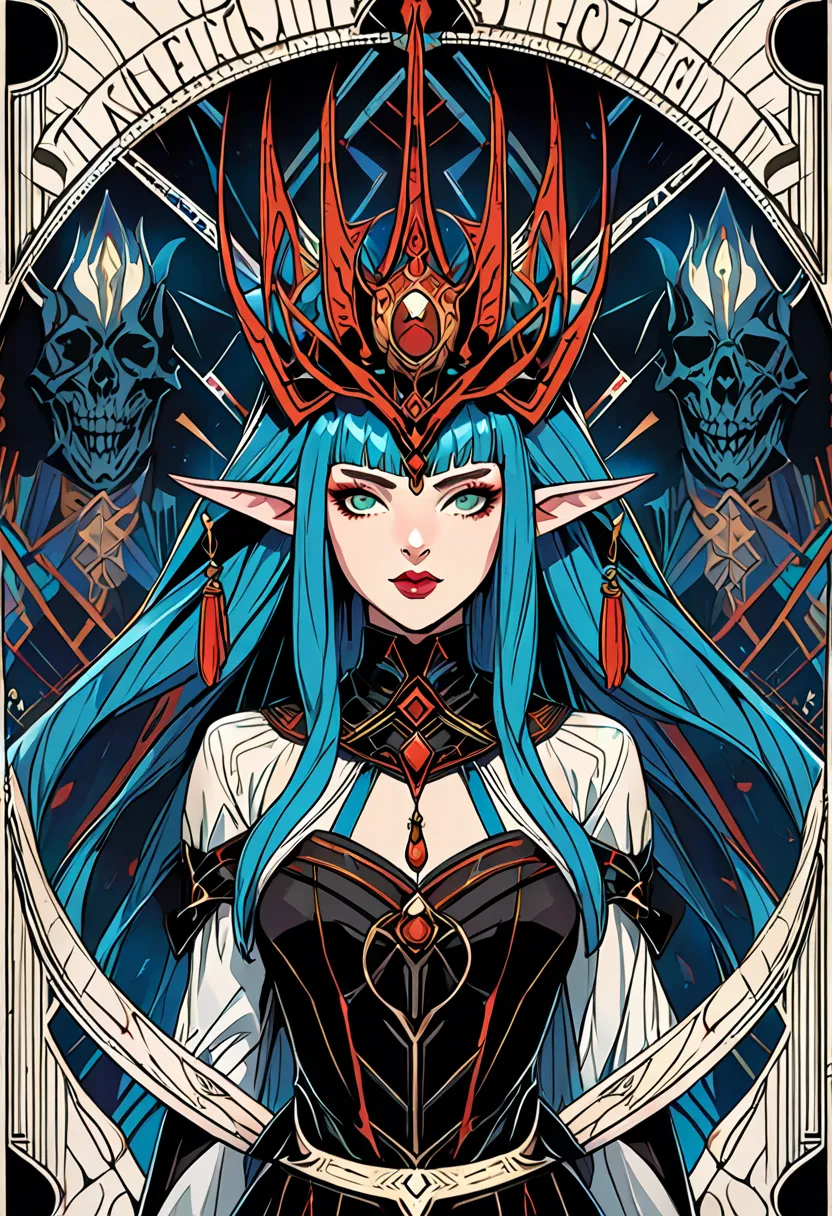 Dana Ham symmetric tarot card concept art (Very provocative)+ elf queen costume, Lovecraft&#39;s Madness Theme, Lee Bursten, Tarot 512, 8k, high detail, complicated