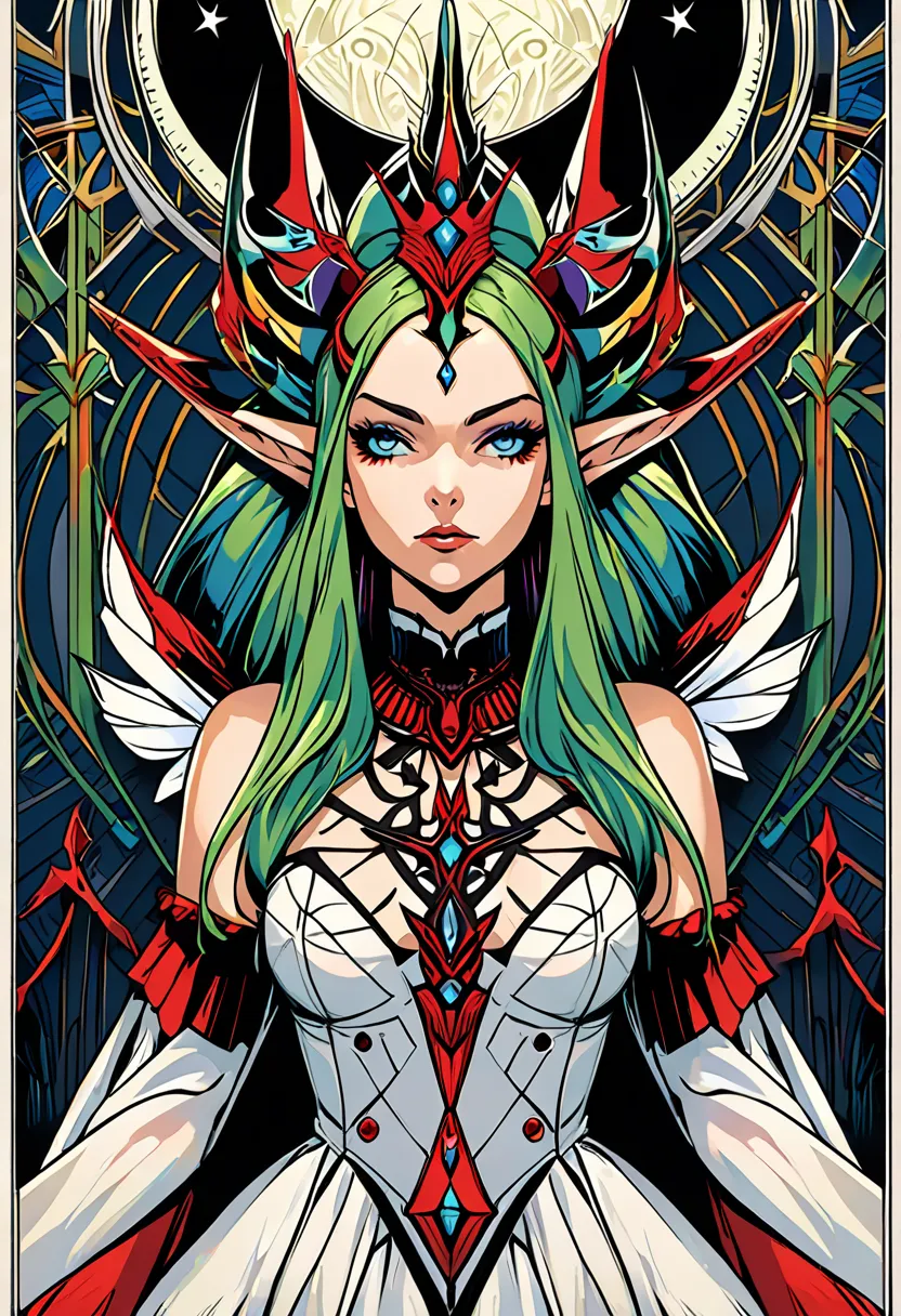 Dana Ham symmetric tarot card concept art (Very provocative)+ elf queen costume, Lovecraft&#39;s Madness Theme, Lee Bursten, Tarot 512, 8k, high detail, complicated