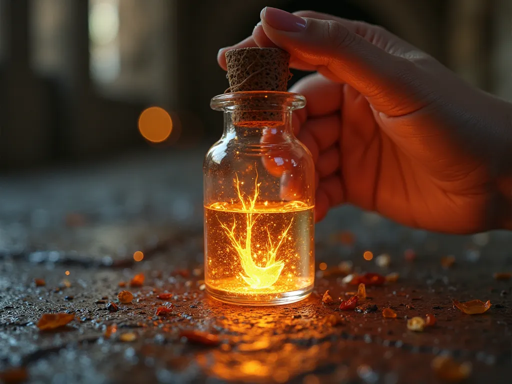 An extreme close-up, photorealistic image of a single, shimmering phoenix tear, held in a small, crystal vial. The tear is like liquid fire, glowing with an internal light. It pulses with a vibrant, warm energy. The background is slightly blurred, showing ...