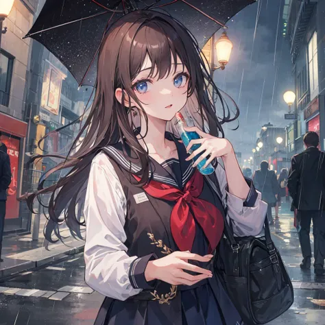 ((best quality)), ((masterpiece)), (detailed), school girl, streetlights, raining, fantasy, closeup