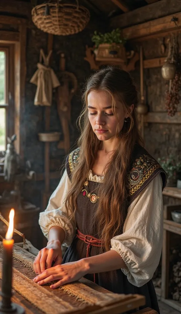 A young and graceful Viking woman with long, silky brown hair, skillfully working on a loom inside a cozy longhouse. She wears a simple yet elegant wool dress with an apron secured by two ornate brooches on her shoulders. Her fingers weave intricate patter...