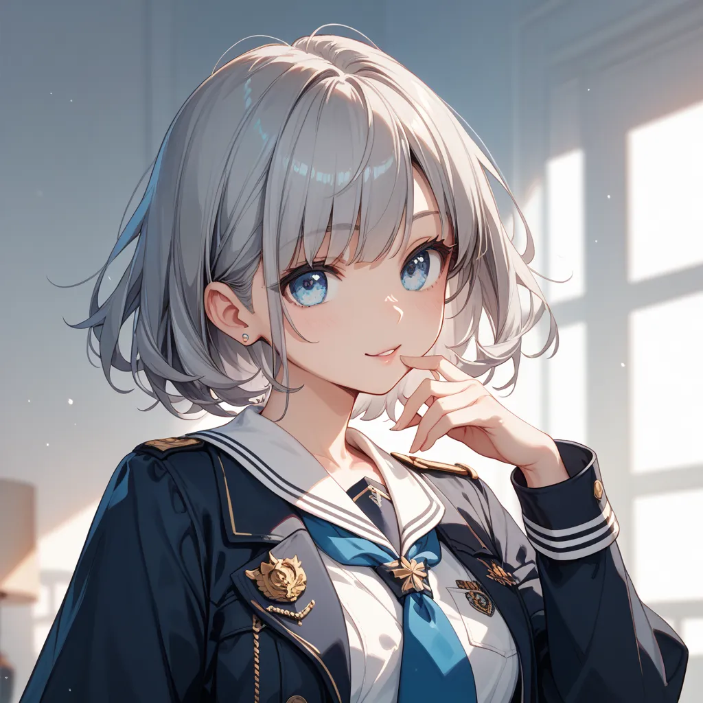 one woman、Gray Hair、Bob hair with long neckline、light blue eyes、 cute、uniform、 white solid background for background