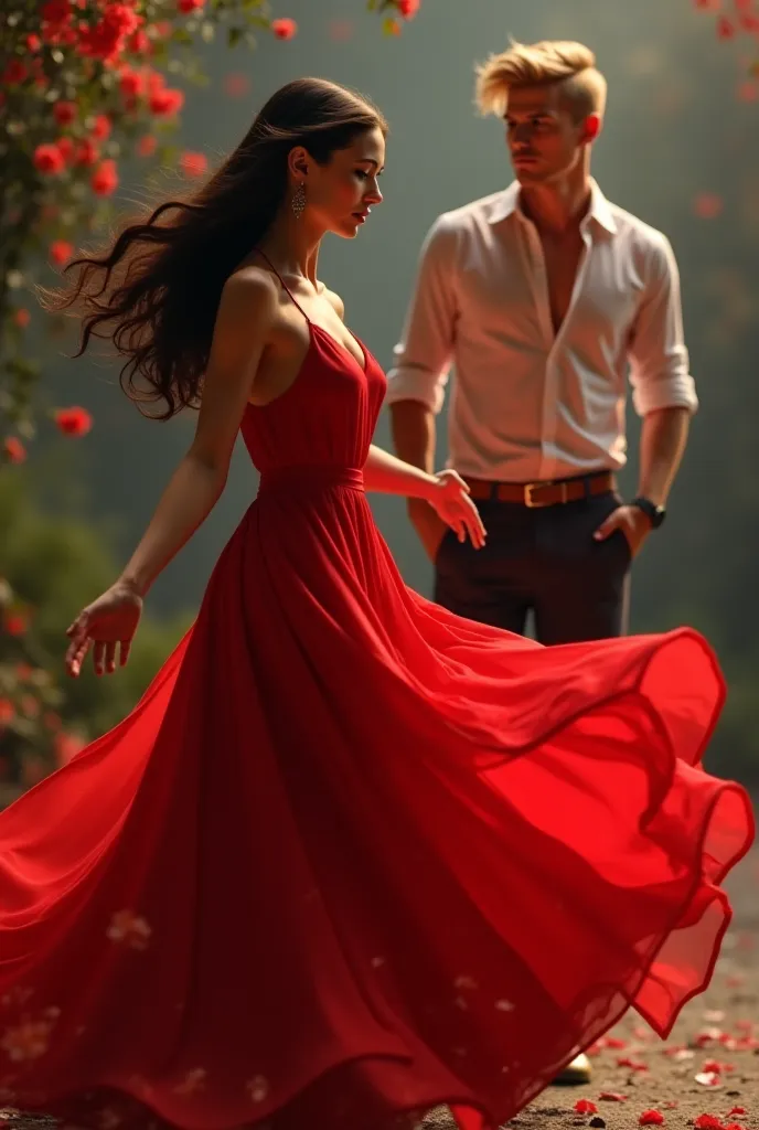 An image of a woman in a red dress dancing and a blond man in the distance watching her 