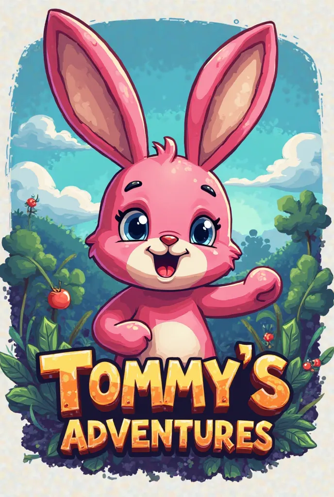 Create pixel  form game logo game name : TOMMY'S ADVENTURES,FONT COLOUR GOLD,WITHE PINK BUNNY 