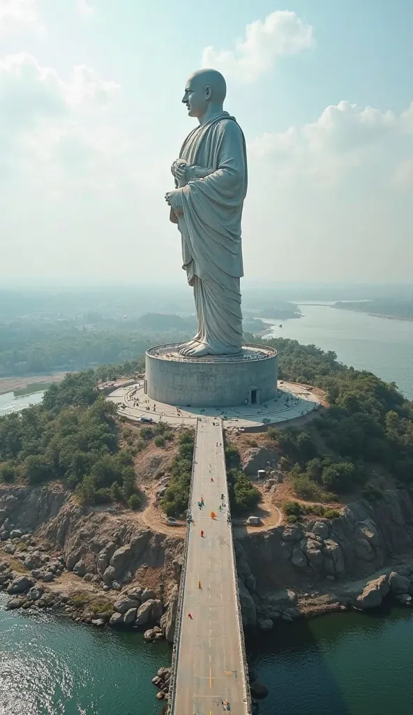 A breathtaking, ultra-high-resolution aerial shot of the Statue of Unity, standing tall on its massive base in Gujarat. The camera slowly glides over the landscape, revealing the rocky terrain, the Narmada River, and the long bridge leading to the monument...