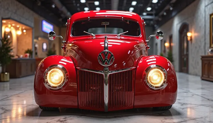 "A 3D-rendered image of a Volkswagen Vintage Pickup Truck in a full front view. The truck boasts a shiny red exterior with a heavily modified, bold front grille, custom LED headlights emitting a bright glow, and a widened, aggressive stance. The Volkswagen...