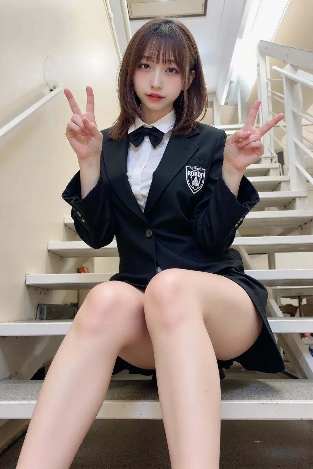 　 best image quality、score_9,  score_8_ up 、masterpiece、(from below:1.5)、1 Japanese girl、female high school students、uniform、blazer、miniskirt、panties、(thick thighs:1.4)、At the top of the stairs、station