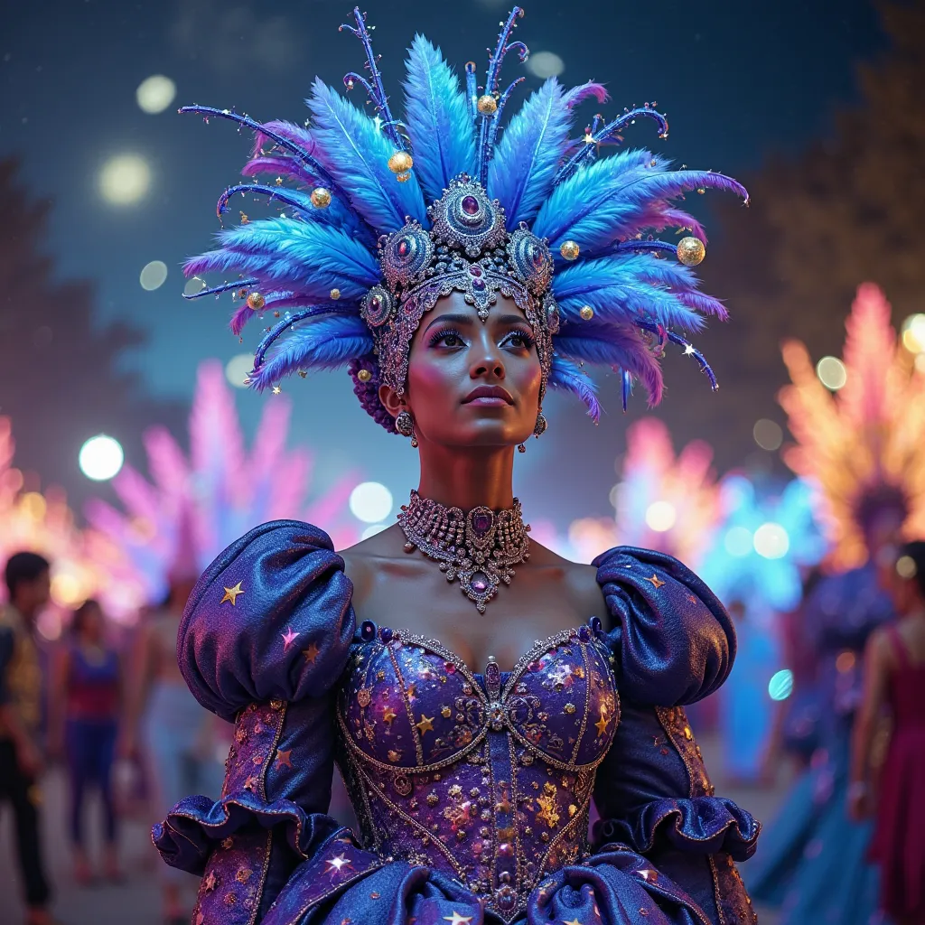 A celestial Barranquilla Carnival queen, her costume resembling the galaxy with shimmering nebula colors and stars. Her headdress is a cosmic crown, with swirling constellations and glowing celestial feathers. The background is a surreal cosmic parade with...