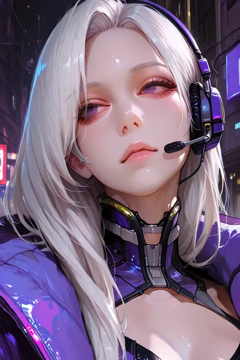 1girl, white hair, long hair, techwear  masterpiece, bestquality, realistic, realism, dark purple jacket, portrait, detailed eyes, wearing headset, platinum hair, 21 year old girl, fashion pose, half body, wide shoot, on the street, cyberpunk