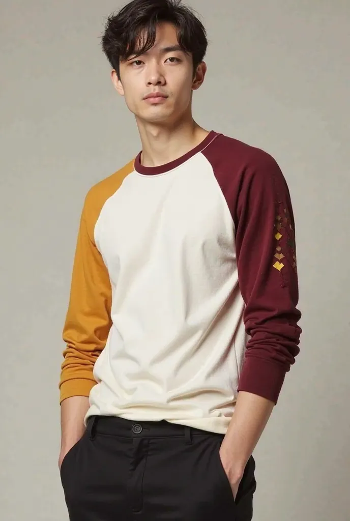 Mustard yellow sleeve, white, maroon sleeve organization shirt