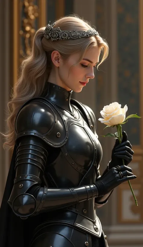 One hand has a black knight's armor, She hands her a soft and white rose with the utmost delicacy and devotion, royal style . 