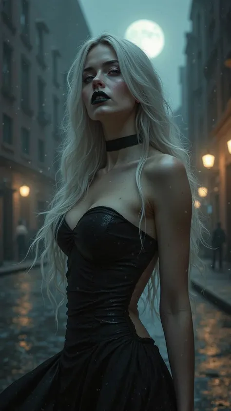 Gothic Beautiful woman , silverblond  long hair, black lipstick  , black shiny dress, dark color  ,backround ,citylight ,moonlight ,dark backround