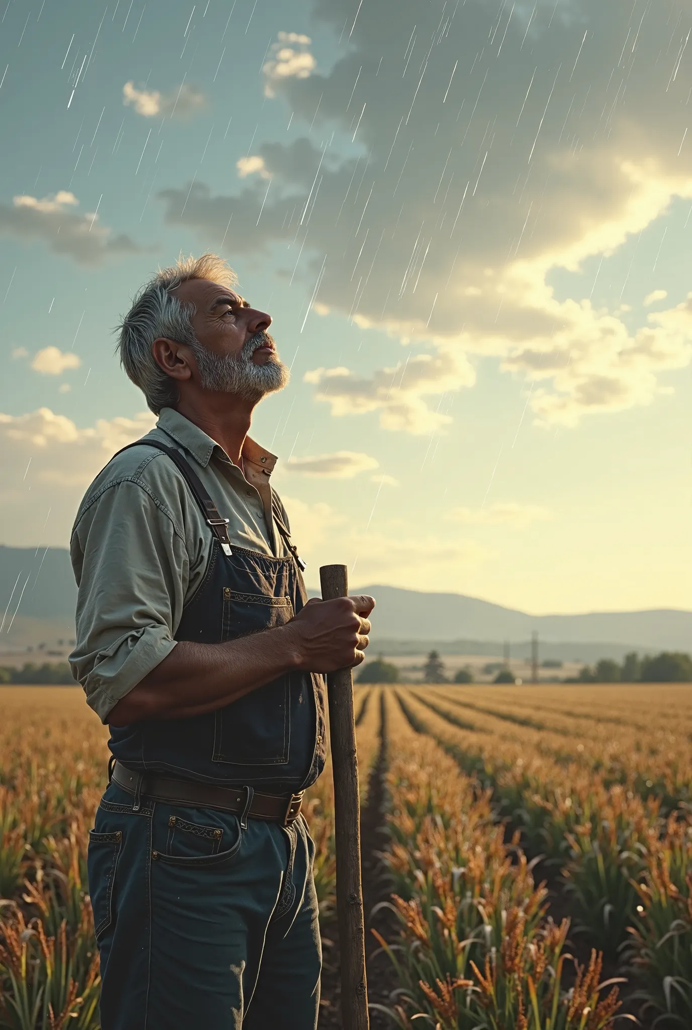 create a image farming a farmer and looking on sky for rain