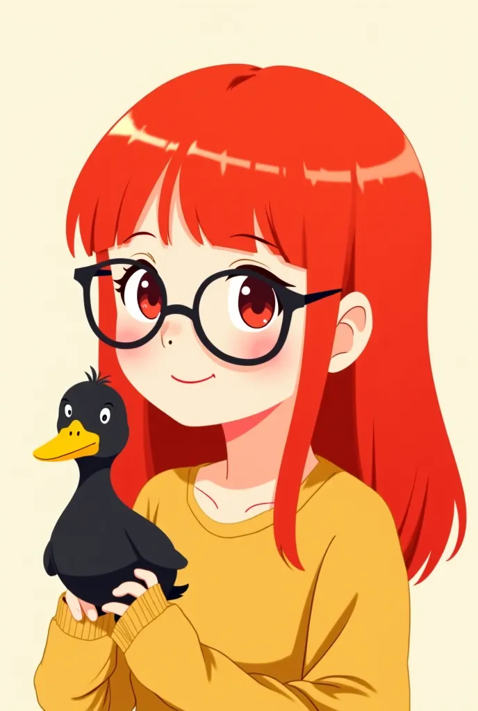 A cute cartoon anime-style character, that has glasses, the red and long hair and a black duck as an animated pet, As a profile picture from the front 