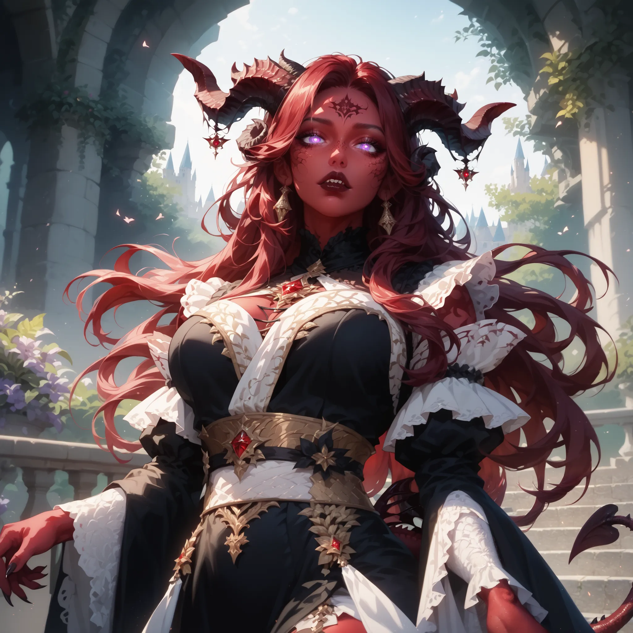 ((Masterpiece, oil painting style)) Demon, female, curvy:1.2, soft belly, medium breasts, vibrant red skin, dark red hair, red hair, long hair, silky hair, horns on head, long horns curving back and up, big horns curving down and up, hooves, round face, de...