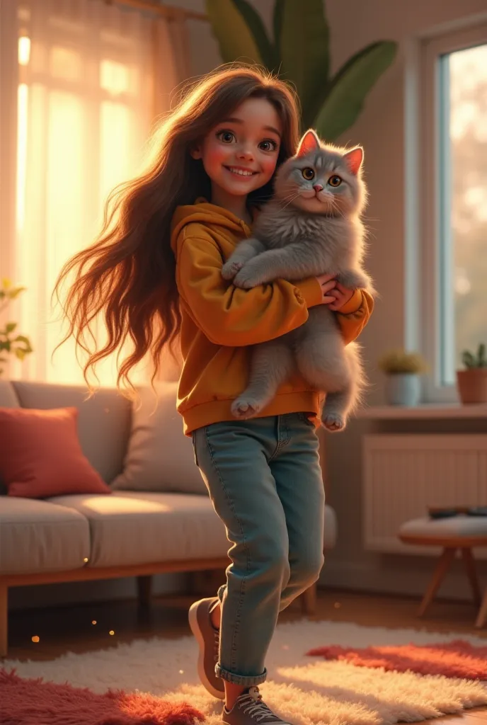 A realistic scene of a young girl with long, flowing hair, wearing a stylish casual outfit, holding her fluffy, light-gray cat in her arms while dancing to the 'Renegade' song. The girl has an expressive, joyful smile, her movement captured mid-dance with ...