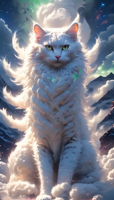  rag doll,Mountain々A cat that looks like a huge fluffy white cloud surrounded by, Fine fur texture,  Realistic Lights and Shadows , Vivid Colors,  dramatic cinematic composition, complicated details, fantasy scene, Award Winning Digital Art