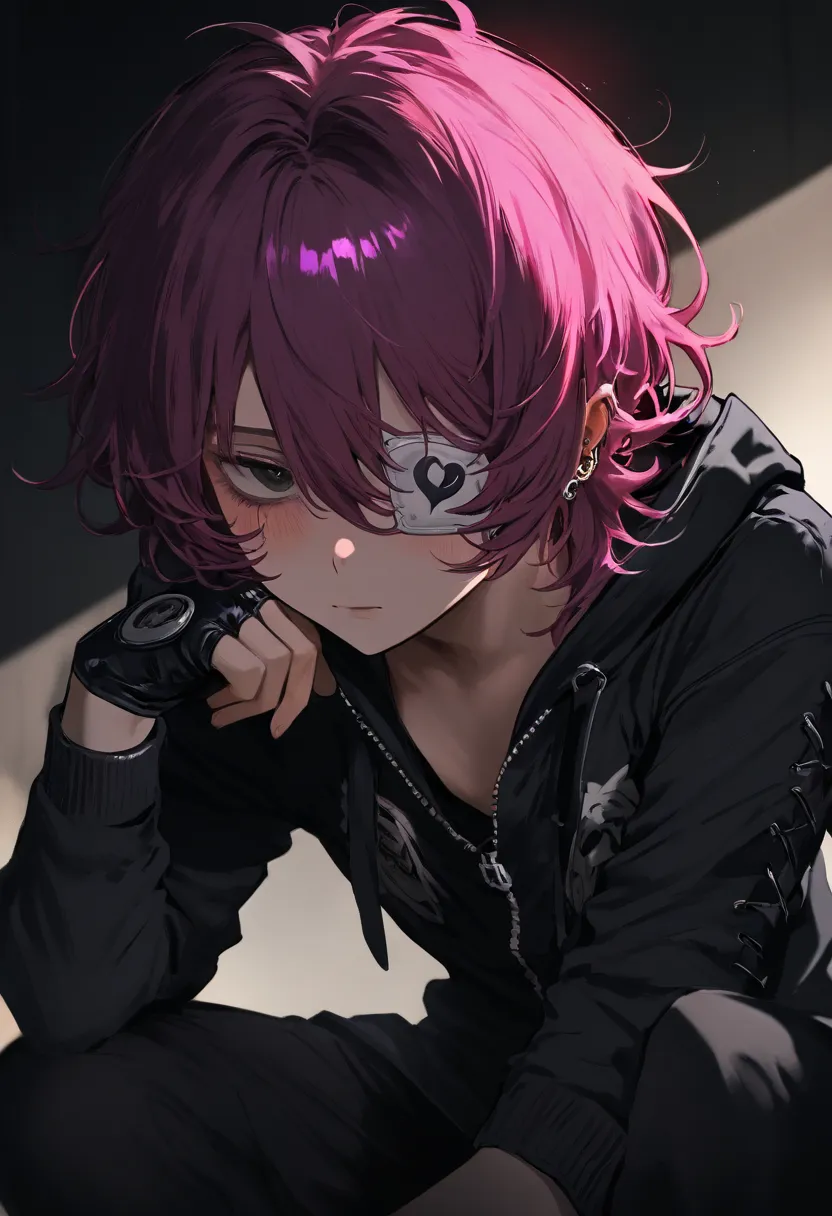 1boy, male, very thin, magenta hair, black eyes, bruises under the eyes, wolf cut, double bangs, slightly curly hair, short hair, white eye-patch over left eye, black jeans, pierced ears, dark blue hoodie, black gloves, fingerless gloves, rocker, tired, lo...