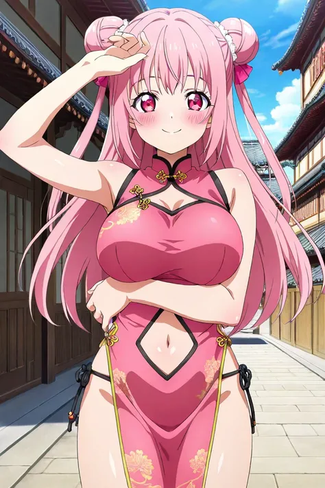 anime screencap, 1girl, solo, looking at viewer, cowboy shot, pink chinese dress, navel cutout, midriff, navel, pink pelvic curtain, pink hair, long hair, double bun, pink eyes, large breasts, smile, blush, arm up, holding own arm, chinese town