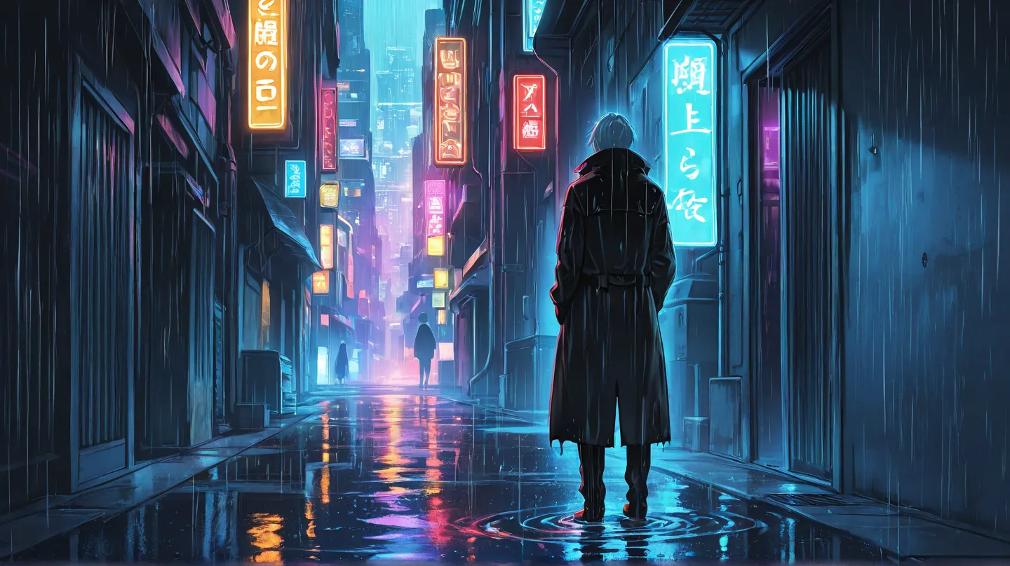 A melancholic, anime-style scene set in a dimly lit, rain-soaked alleyway at night. The neon glow of distant city lights reflects off the wet pavement. A mysterious, ghostly figure, resembling a past love, walks away, their body gradually dissolving into t...