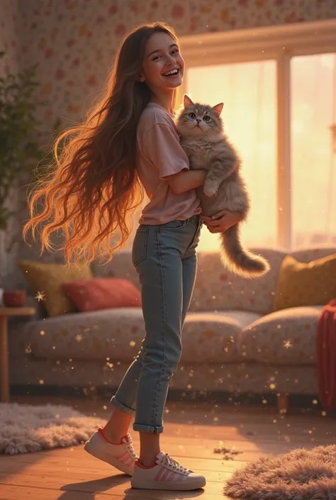 A realistic scene of a young girl with long, flowing hair, wearing a stylish casual outfit, holding her fluffy, light-gray cat in her arms while dancing to the 'Renegade' song. The girl has an expressive, joyful smile, her movement captured mid-dance with ...