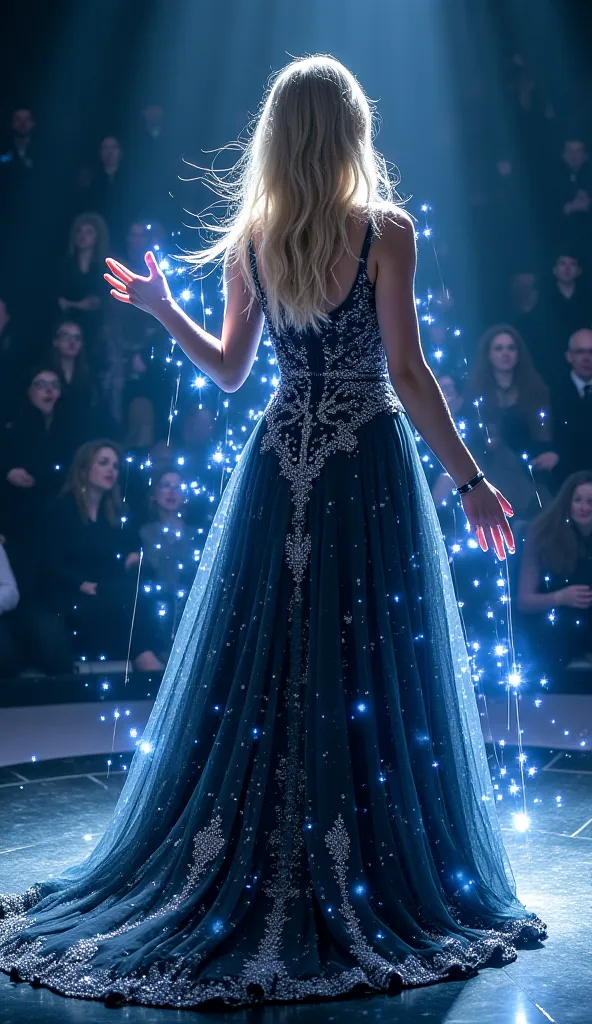 The same woman from the previous image, now mid-transformation into a sorceress on the grand stage. Her black dress starts changing into an elegant, glowing gown with silver and blue mystical patterns. Her hair begins to flow as if touched by an unseen win...