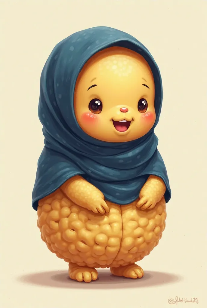 A cute little chickpea wearing a dark blue hijab has cute cartoon features, hands and legs 