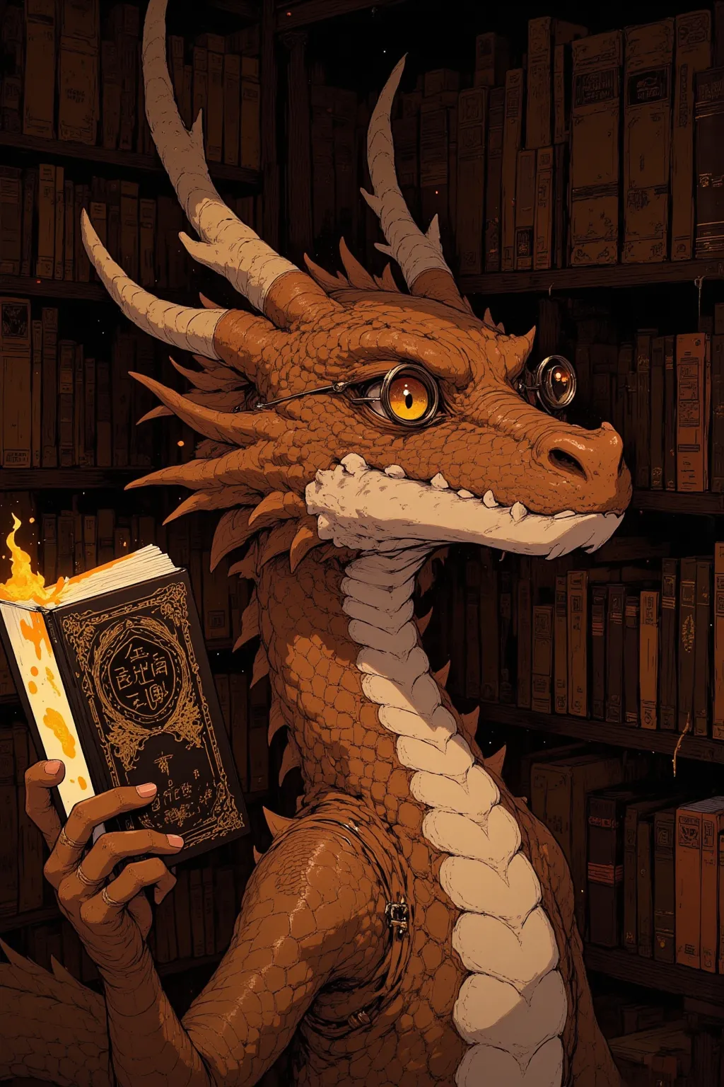 The theme is Dragon's Eye,Pick a book from the bookshelf、眼鏡をかけたDragon close-upアニメイラスト,The dragon is gentle and intelligent,Asymmetrical eyes with one eye glowing,The other eye is a rounded eye🌀,Round face with a soft expression,Snout slightly curled,Small ...