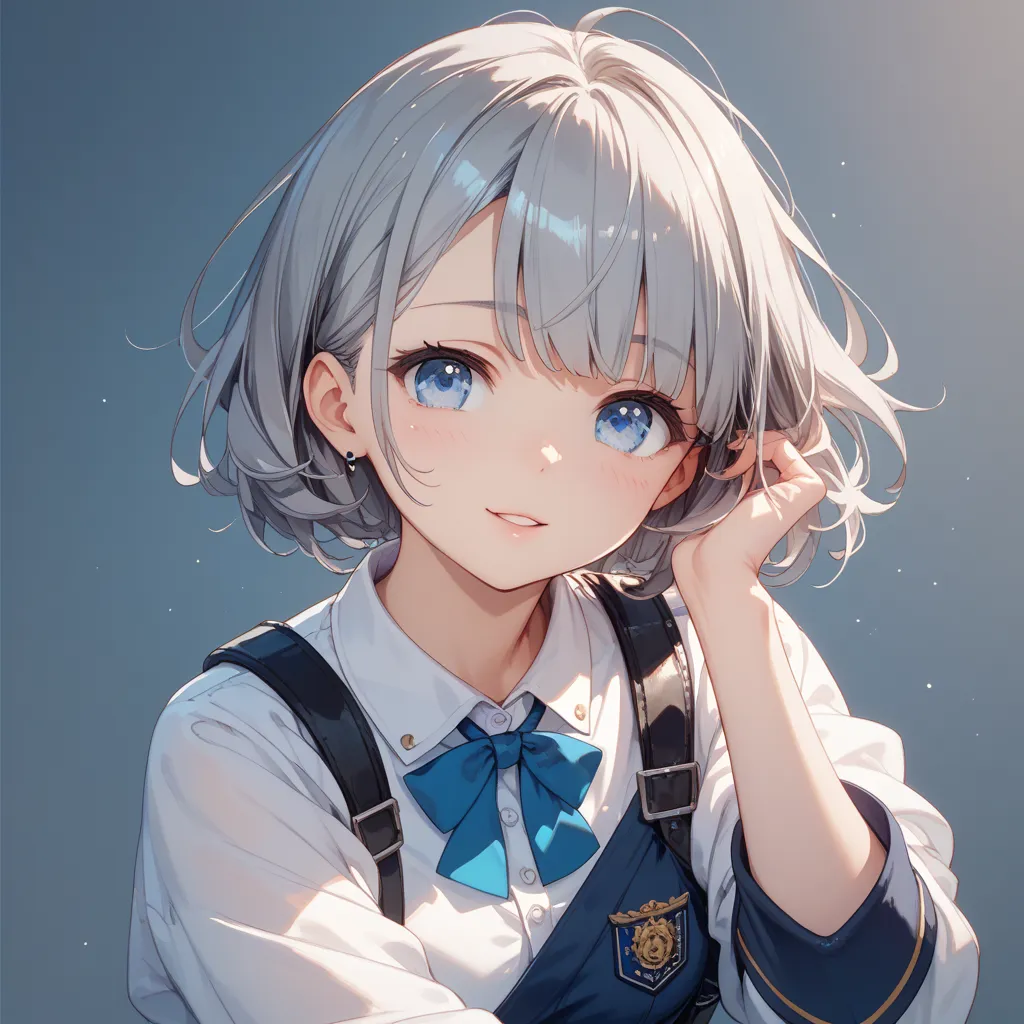 one woman、Gray Hair、bob hair、Long nape、light blue eyes、 cute、uniform、 white solid background for background