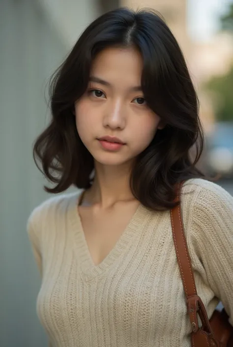  Very Beautiful Girl , with a sweater, And a school bag. She has very nice hair